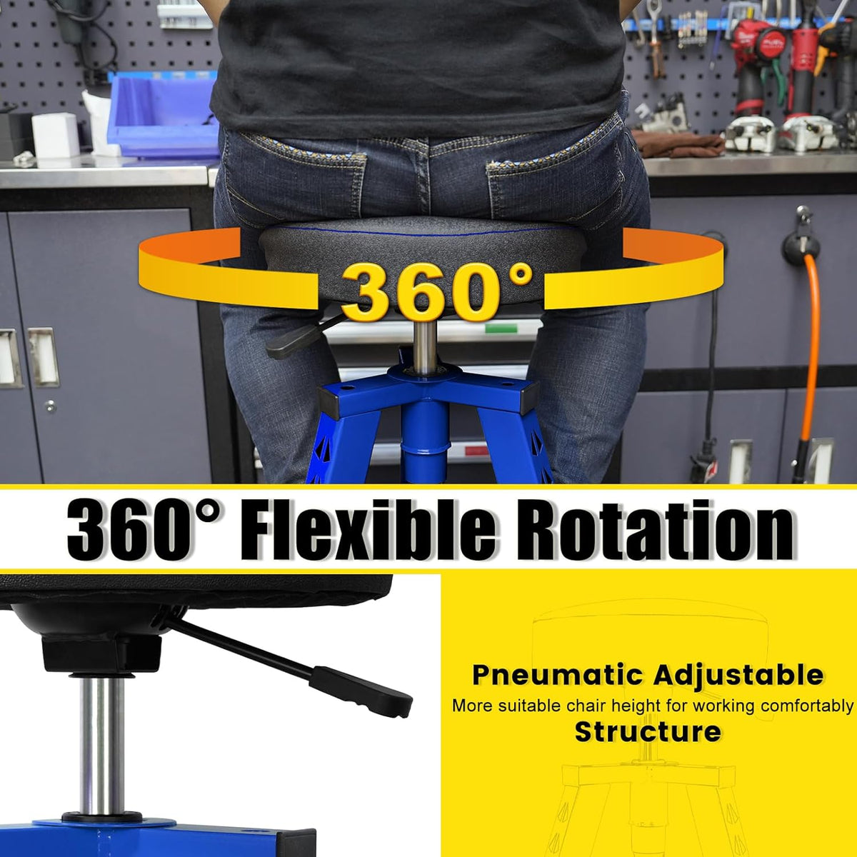 Adjustable Tall Shop Stool, Mechanics Garage Stool Chair, Work Metal Chair for Workshop, Adjustable Height, 360° Swivel Padded Seat, Tool Tray Storage, 350 LBS Capacity, Heavy Duty, Blue