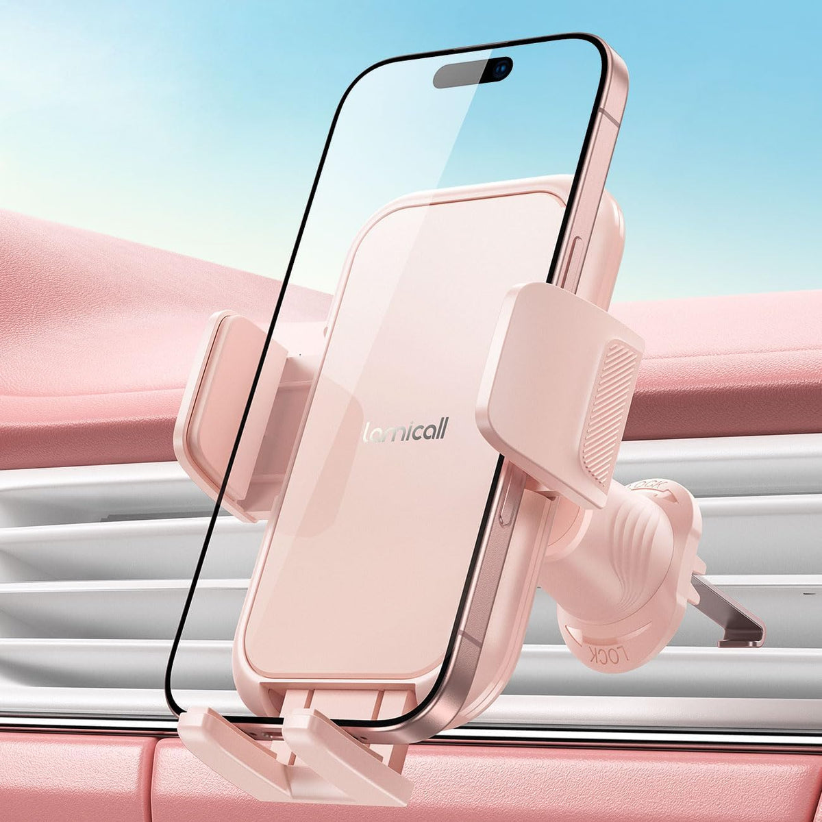 Lamicall 2025 Wider Clamp & Metal Hook Car Phone Holder Vent [Thick Cases Friendly] Phone Holders for Your Car Mount Automobile Hands Free Cradle Air Vent Pink