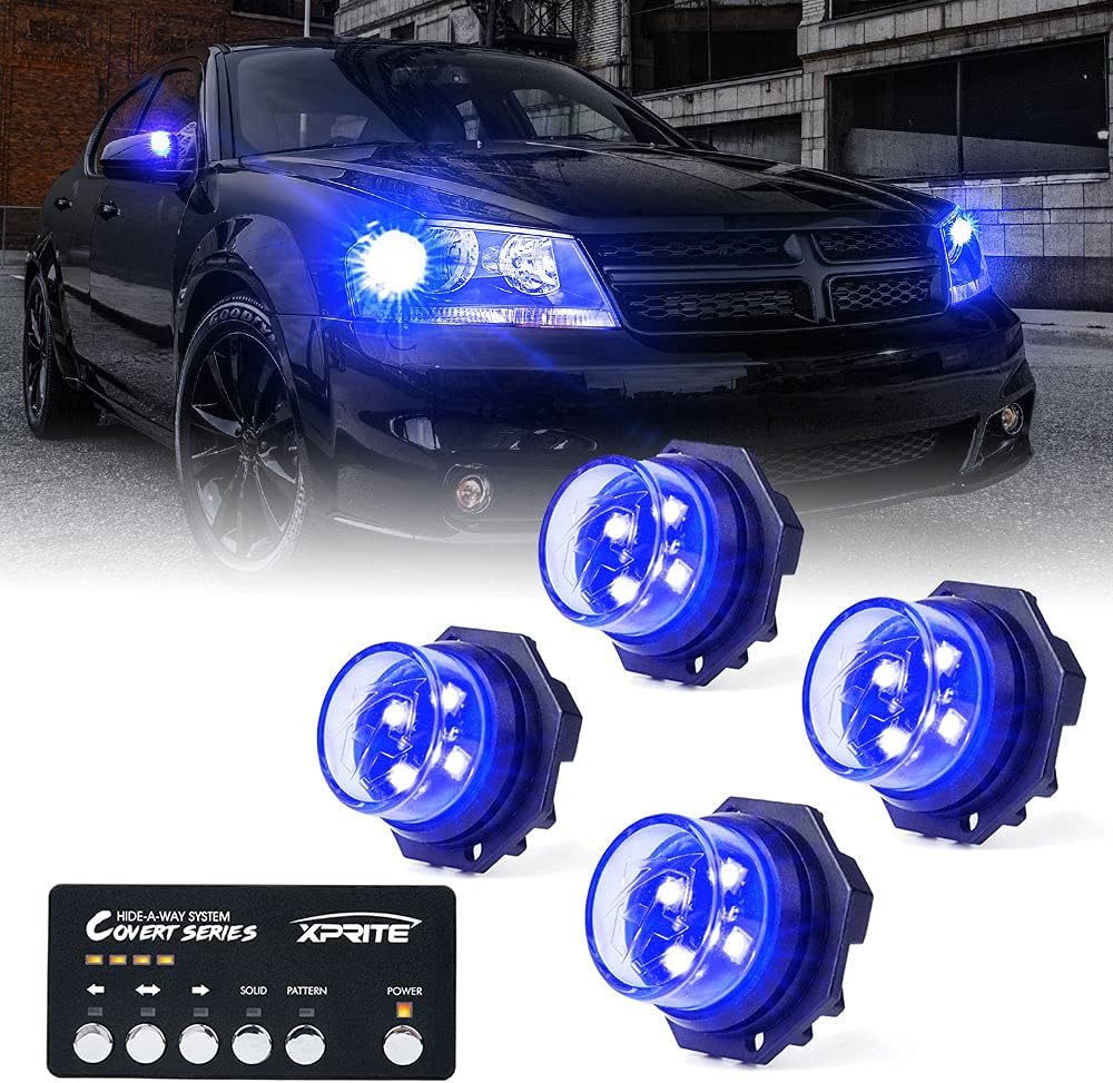 Xprite Blue LED Hideaway Strobe Police Lights Kit, 20 Flashing Patterns w/Control Panel for Headlights Taillights Hazard Warning Mounting, for Emergency Vehicles Volunteer Cars Trucks SUV 4PCS