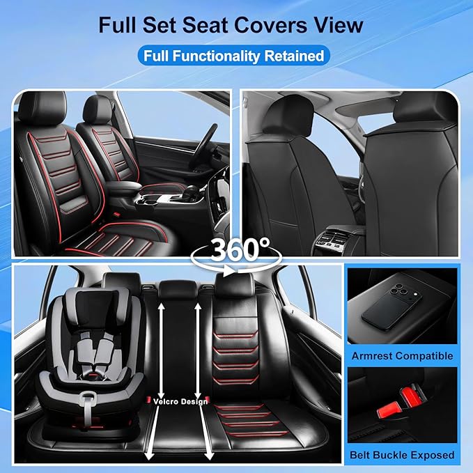 Fit Ridgeline Car Seat Covers for Select Honda Ridgeline 2007-2026 - Premium Full Coverage Leather, Airbag Compatible, Waterproof & All Weather Seat Cushion Protector, Full Set, Red Trim
