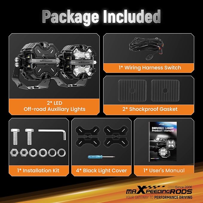 maXpeedingrods 2 x 3.5 160W Offroad Lights, LED Light Bar 19200LM with White Amber DRL, 270°Side Shooter Pod Lights, Fog Spot Light with Black Covers for Jeep Wrangler,Trucks UTV ATV Motorcycles