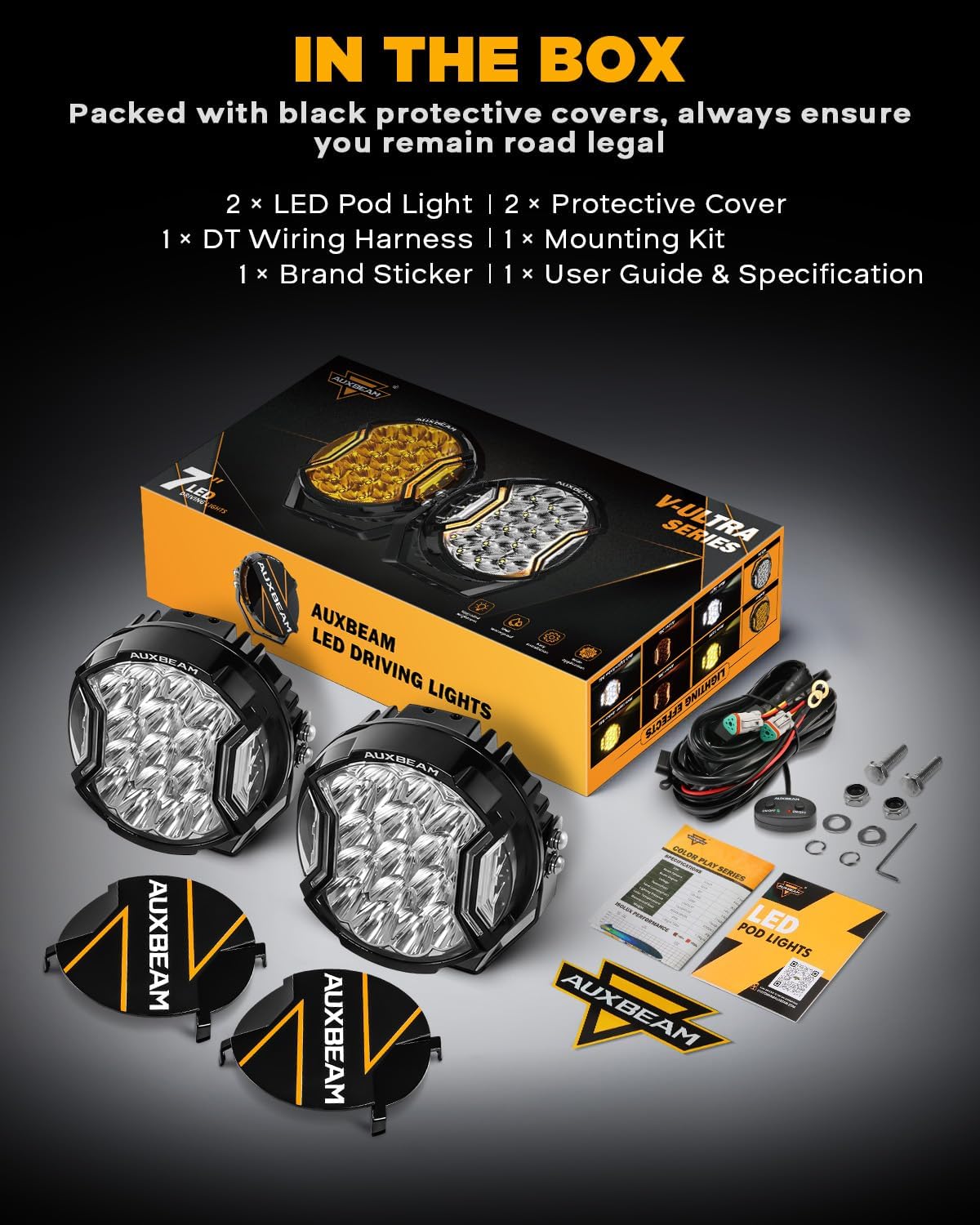 Auxbeam V-Ultra Series 7 Inch Round Off-Road Lights, Amber DRL Light Bar, 270 Degree Side Shooter LED Pods, 226W 26800LM Offroad Driving Lights with Protective Covers, Pair