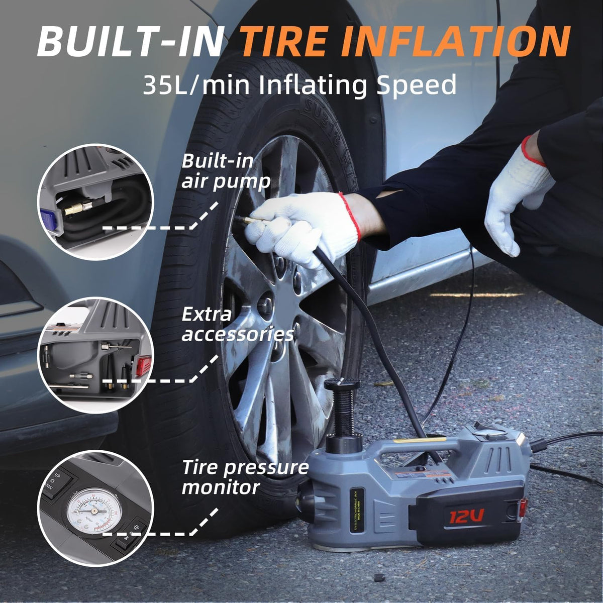 STANDTALL Electric Car Jack Kit 5T 12V Electric Floor Jack Lift for Vehicle, Electric Hydraulic Jack Auto Repair Tool Set with Built-in Inflator and Impact Wrench