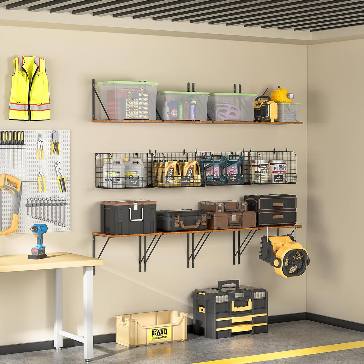2 Pack Garage Shelves Wall Mounted with Wire Storage baskets, Heavy Duty Garage Wall Shelving with Hooks, Wooden floating shelves Tool Organizer for Home Garden Garage Organizers and Storage