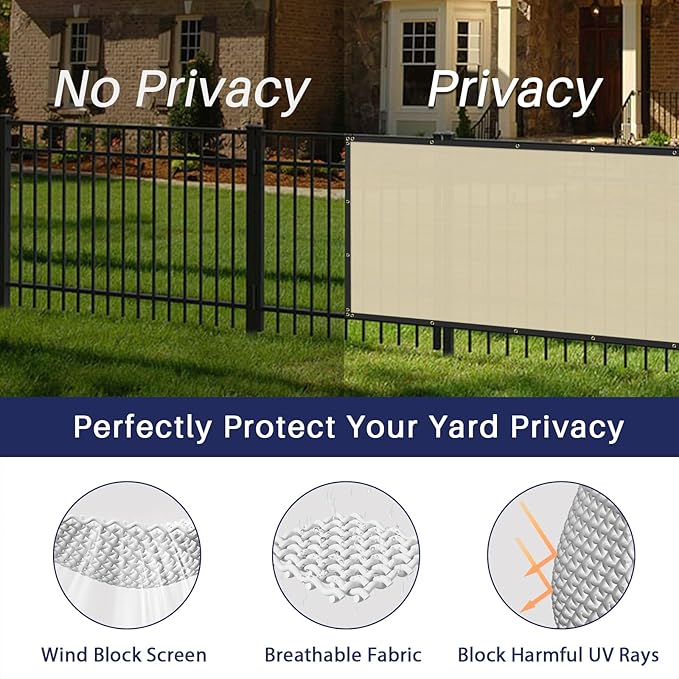 Windscreen4less Privacy Fence Screen Heavy Duty Windscreen Fencing Mesh Fabric Shade Net Cover with Brass Grommtes for Outdoor Wall Garden Yard Pool Deck, 8'x1' Beige
