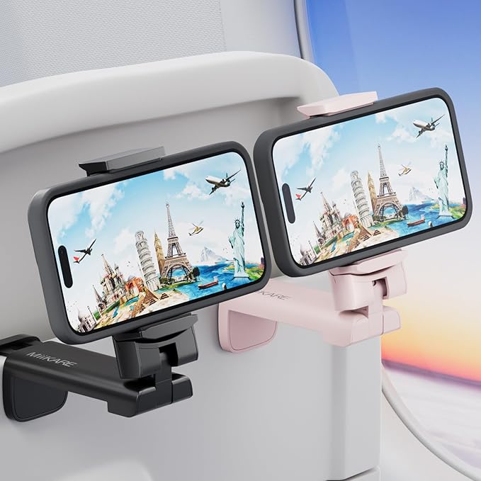 MiiKARE Travel Essentials Airplane Phone Holder, Universal Handsfree Phone Mount for Flying with 360 Degree Rotation, Travel Must Haves Phone Stand for Desk, Tray Table, Black&Pink