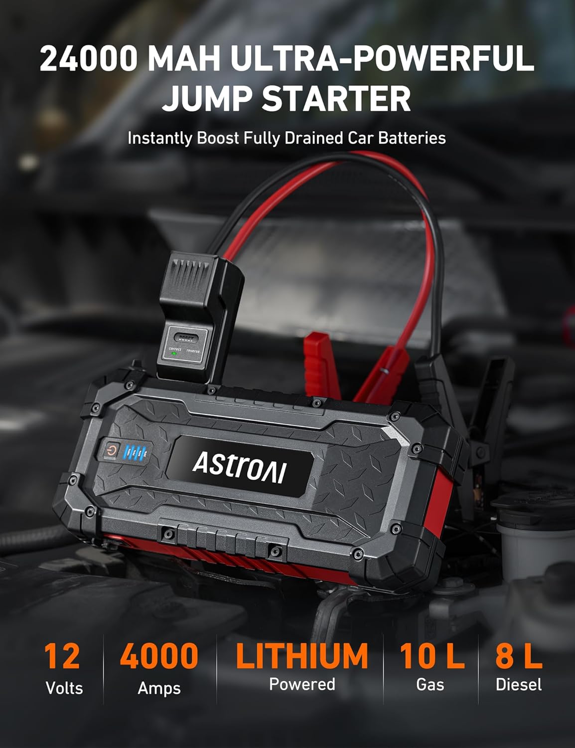 AstroAI S8 Ultra 4000A Peak Jump Starter,Up to All Gas/12L Diesel Engine,24000mAh Portable Car Battery Jump Starter,Rugged 12V Battery Pack with 2-Way Quick Charger,LED Light, Jumper Cables(Red)