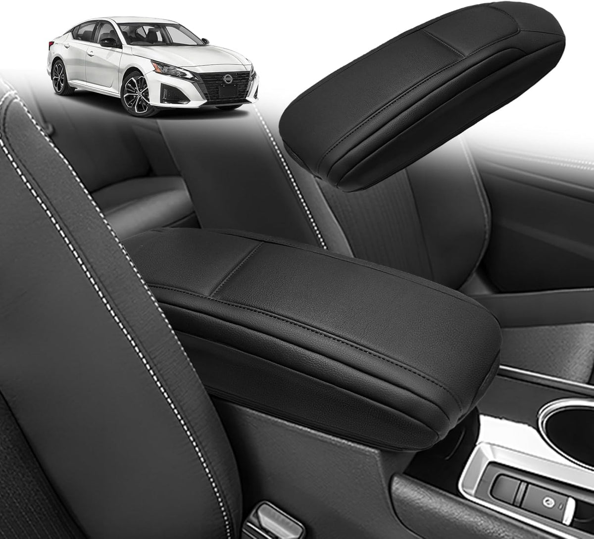 Muslogy Center Console Armrest Cover Compatible with Nissan 2019-2025 Altima Accessories Comfort Armrest Pad Arm Rest Cushion Vegan Leather Protector Black Regular Thick