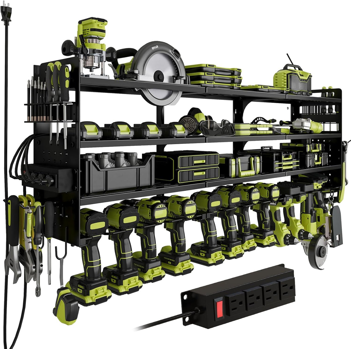12 Cordless Drill Holder Large Power Tool Organizer Wall Mount with Side Pegboard & Screwdriver Holder, 4-Tier Heavy Duty Metal Tool Storage Rack with 4-Outlet Power Strip
