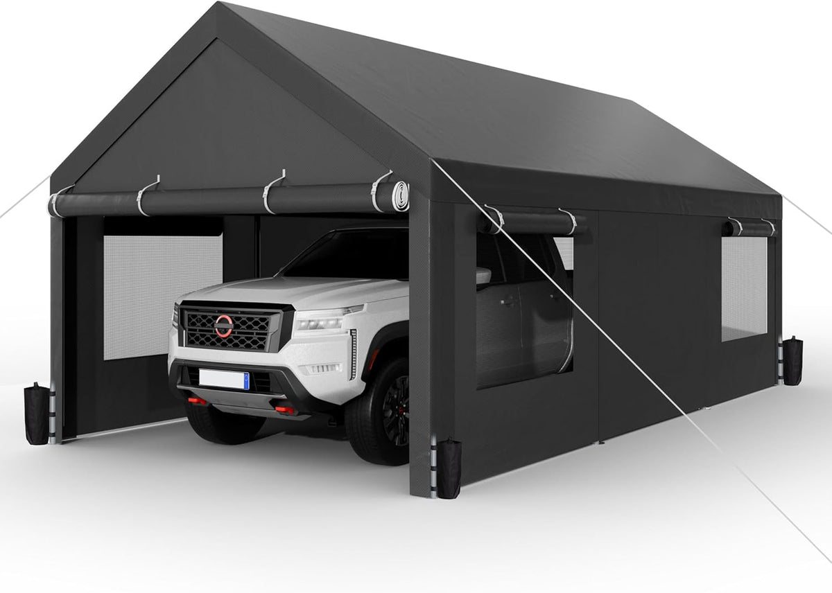 Shintenchi Carport 10' x 20' Heavy Duty Portable Garage, Carport Canopy with Side-Opening Door & Roll-Up Windows, Car Canopy for Truck,Car,Boat,Grey