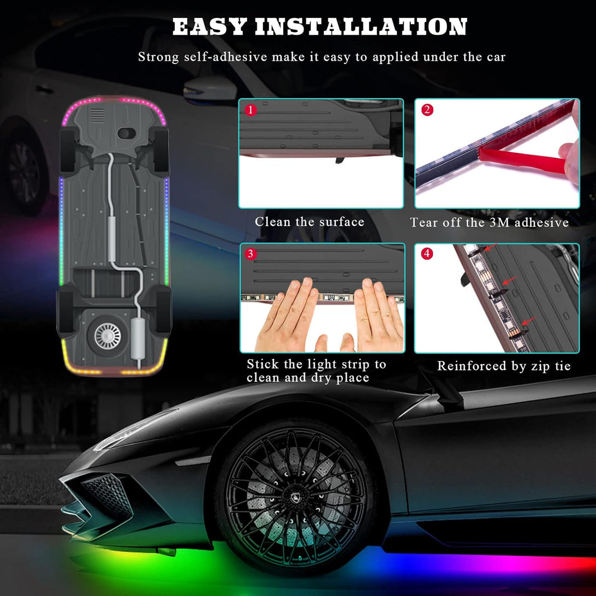 Car LED Underglow Lights - 6Pcs Car Underglow Neon Accent Strip Lights with Dream Color Chasing, APP Control 12V 300 LEDs Underbody Lights, Waterproof Underglow Led Light Kit for Cars, Trucks, Boats