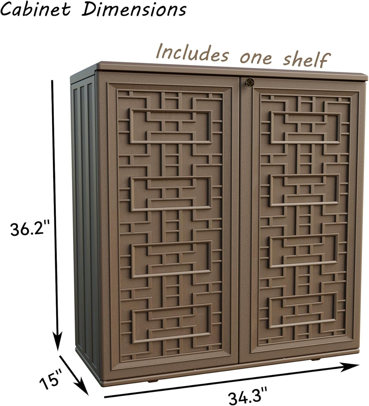 Indoor Outdoor Storage Cabinet Waterproof with 1 Shelf, Plastic Outdoor Storage Cabinets for Patio/Garden/Backyard, Size 34.3''L*15''W*36.2''H(Brown)