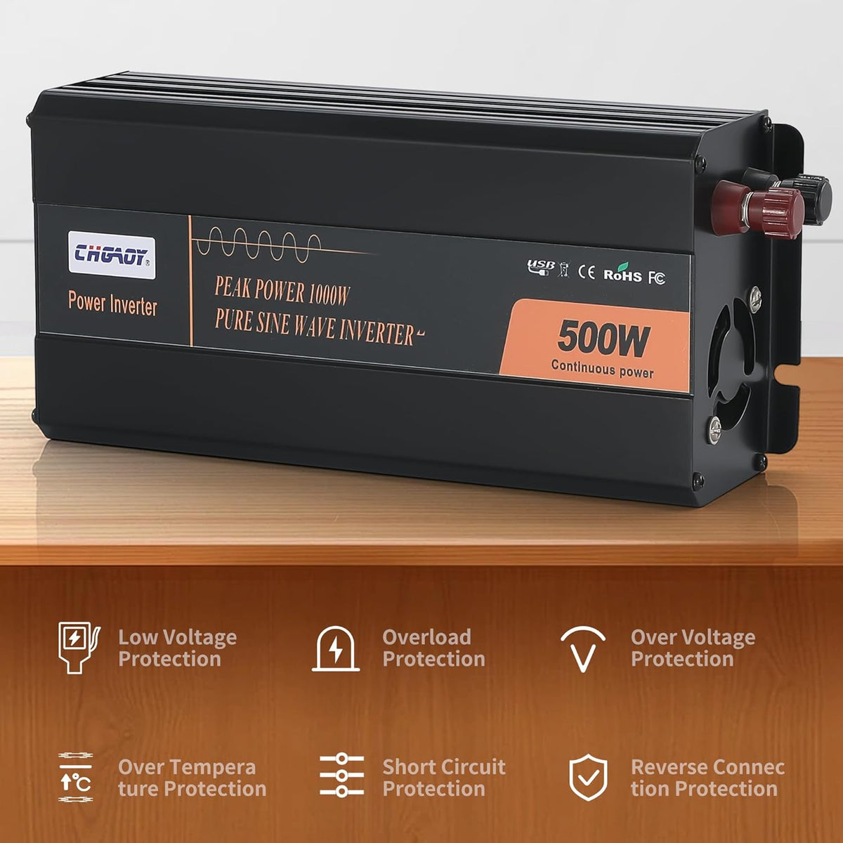 500W Pure Sine Wave Inverter 12V DC to 120V AC Converter for Home, RV, Truck, Off-Grid Solar Power Inverter with Built-in 5V/2.1A USB, Reliable Cable, Remote Controller
