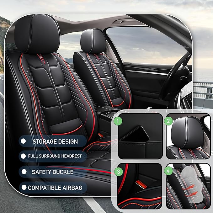 Leather Car Seat Covers Fit for Toyota RAV4 EV 2012-2013, 5 Seater Car Seat Cover, Premium Waterproof, Scratch Resistant Car Interior Accessories (Full Set Black Red)