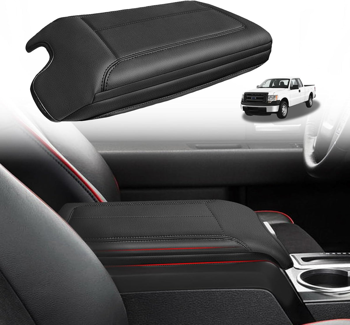Muslogy Center Console Armrest Cover Compatible with Ford F-150 F150 2009-2014 Comfort Armrest Pad Arm Rest Cushion Vegan Leather Protector 1-Inch Extra Thick(Bucket Seat ONLY)