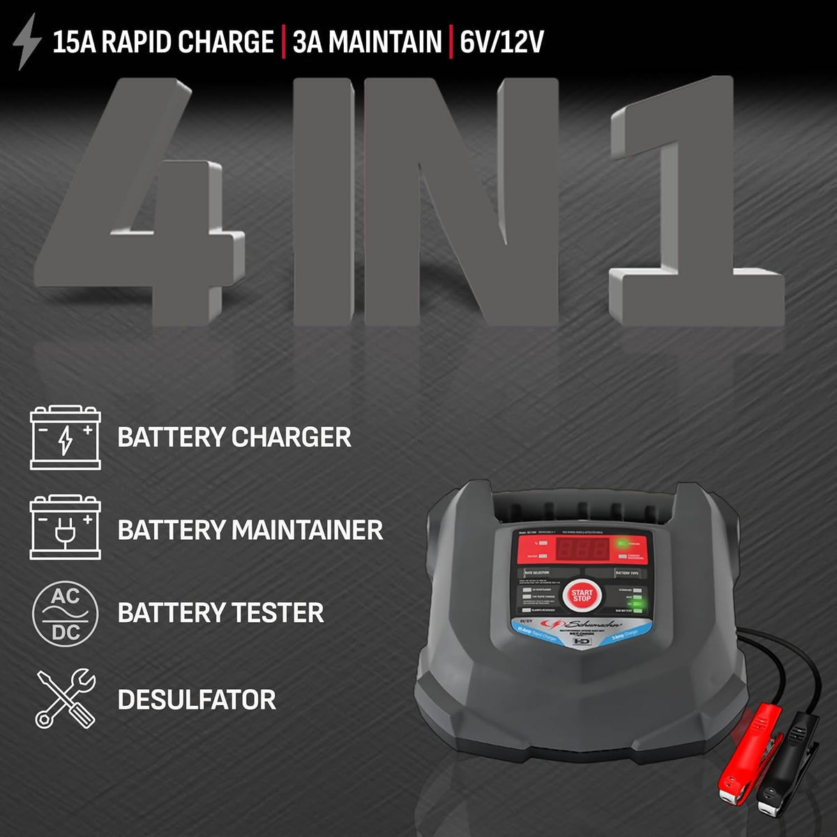 Schumacher Electric Car Battery Charger and Maintainer SC1280 4-in-1, 15 Amp, Fully Automatic for 6v and12v Automobile Batteries - Ideal for Motorcycles, Cars, Trucks, SUVs, Marine Batteries, and More
