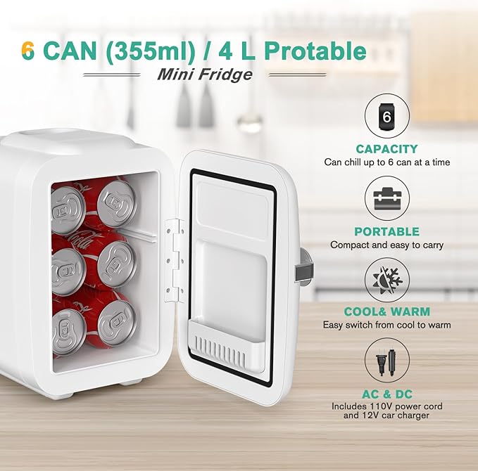 CROWNFUL Mini Fridge, 4 Liter/6 Can Portable Cooler and Warmer Personal Refrigerator for Skin Care, Cosmetics, Beverage, Food,Great for Bedroom, Office, Car, Dorm, ETL Listed (White)