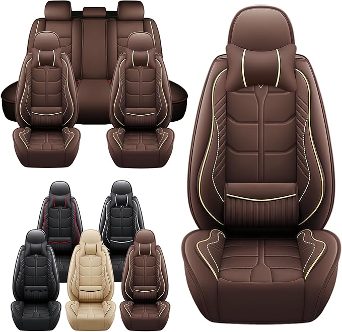 Leather Car Seat Covers Fit for Toyota Camry Solara 2004-2008, 5 Seater Car Seat Cover, Premium Waterproof, Scratch Resistant Car Interior Accessories (Full Set with Pillow Coffee)