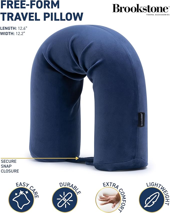 Brookstone Free Form Travel Pillow - Lightweight Flexible Memory Foam Travel Neck Pillow for Sleeping, Car, Airplane & Travel Support, Blue