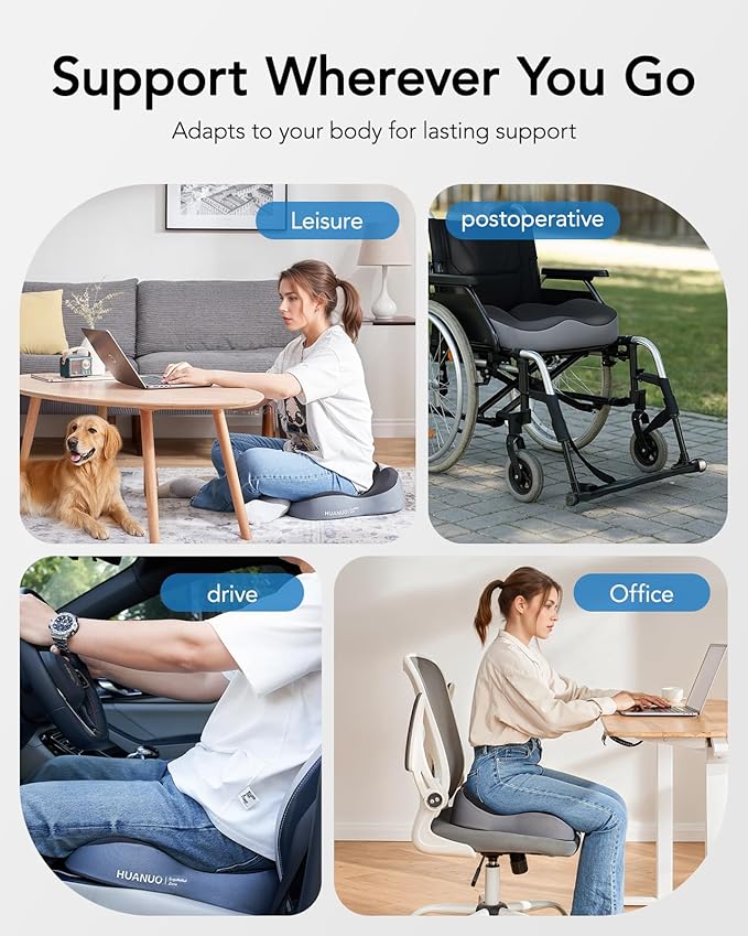 HUANUO Office Seat Cushion for Tailbone Support, High-Density Memory Foam Cushion, Breathable Coccyx Cushion, Non-Slip Bottom for Sciatica Relief, Perfect for Office, Car, and Wheelchair