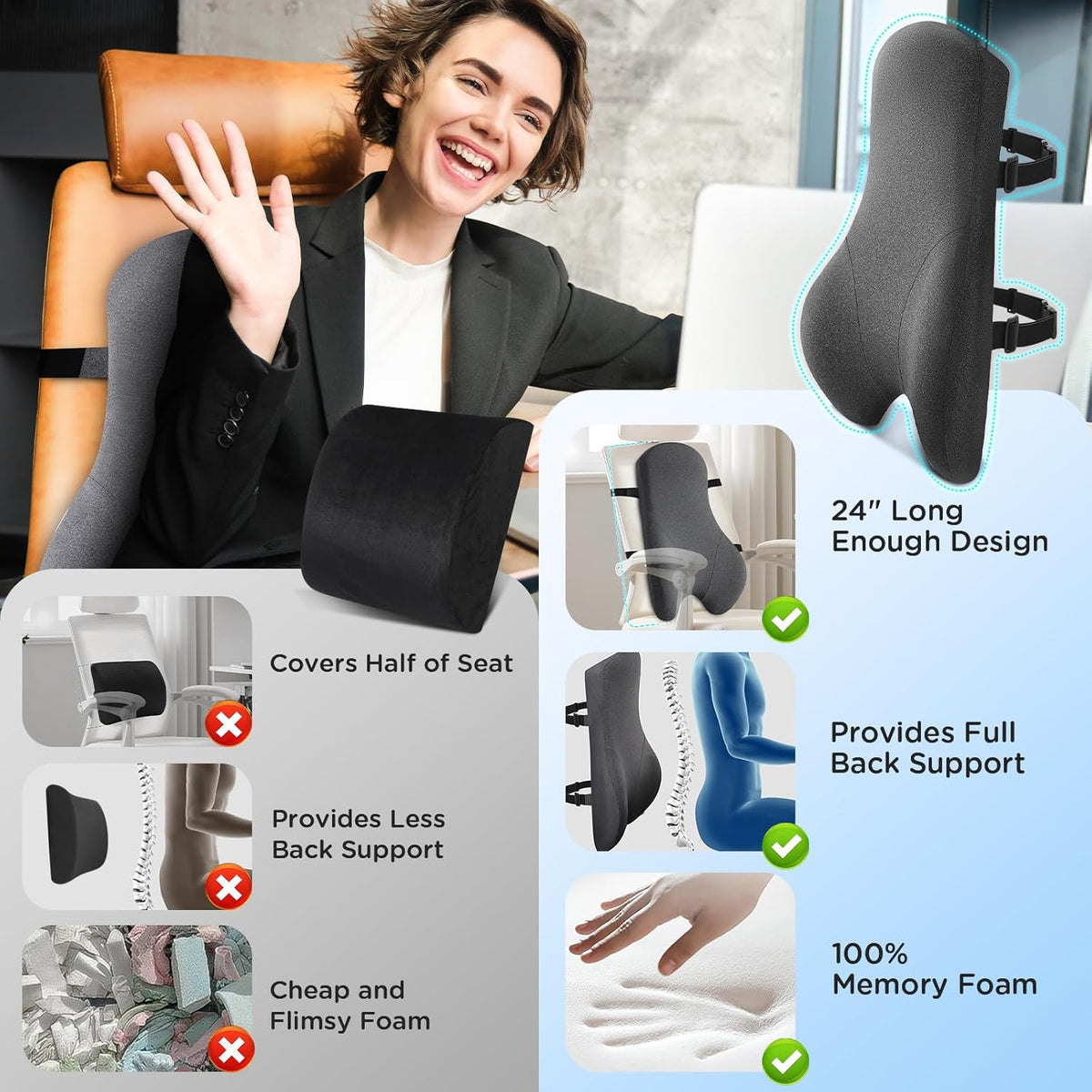Teemour High Back Support Pillow for Office Chair, Fully Support Entire Back Cushion Pain Relief Promotes Posture- Memory Foam Lumbar Support Pillow for Offfice Chair, Desk, Gaming Chair