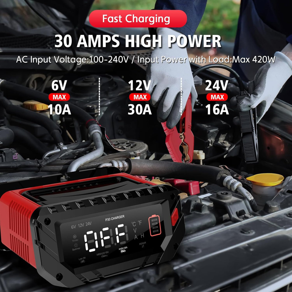30 Amp 6V/12V/24V Smart Trickle Charger, Car Battery Charger, Lithium, Lifepo4, Lead Acid (AGM/Gel/SLA) Battery Maintainer, Desulfurizer, For: Car, Boat, Motorcycle, Lawn Mowers