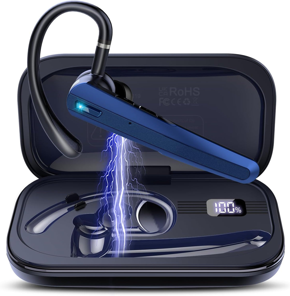 Bluetooth Headset V5.3, Wireless Earpiece with Dual ENC Noise Canceling Mic, 120H Hand-Free Talk Single-Ear Bluetooth Earpiece with LED Display, IP7 Waterproof Headphones for Trucker, Dark Blue