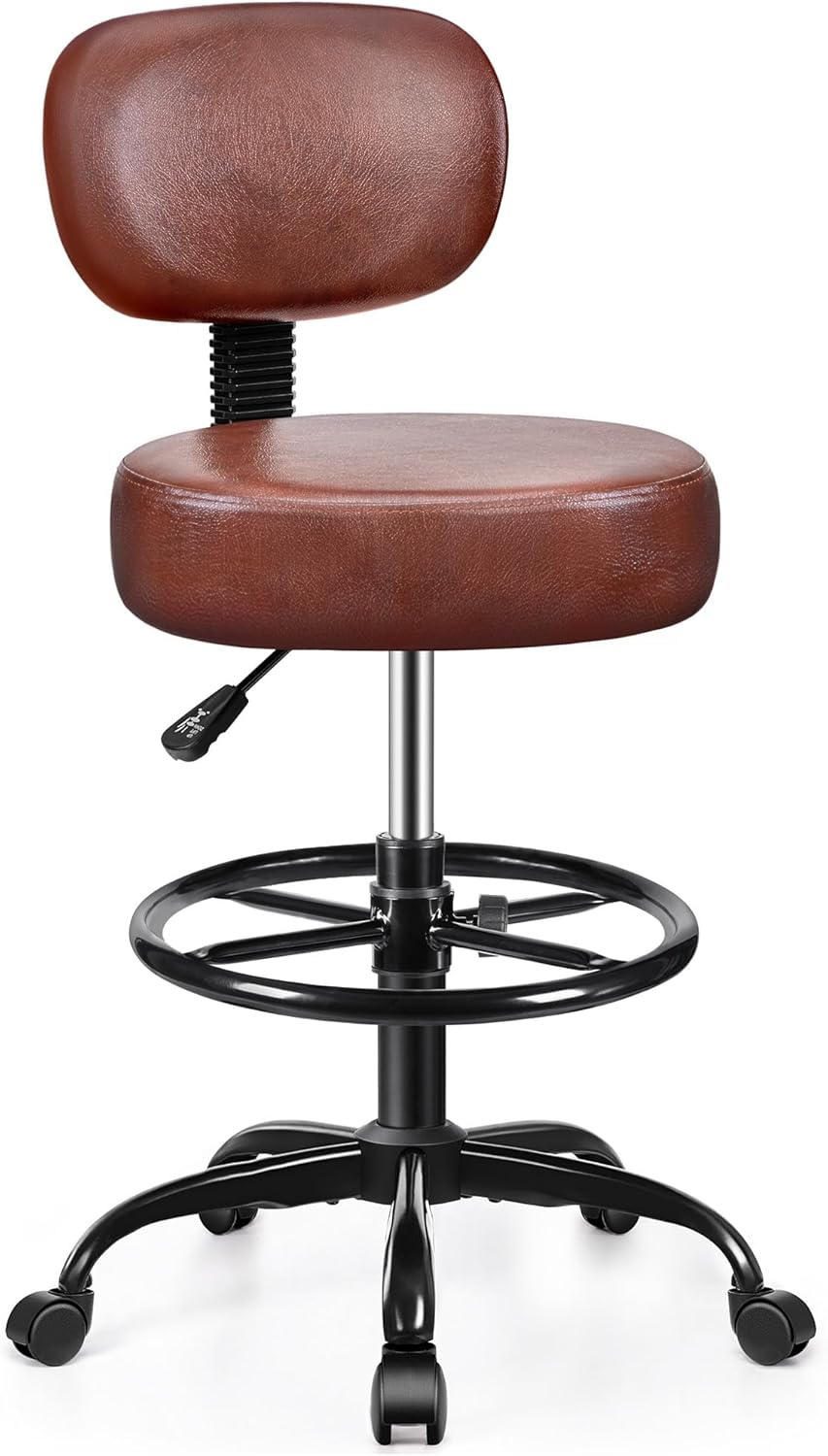 Drafting Chair with Backrest – Adjustable Foot Rest Rolling Stool with Wheels, PU Leather Swivel Stool for Office Spa Studio Lab Counter Salon Home Work Bar Kitchen Shop(Ember Brown)