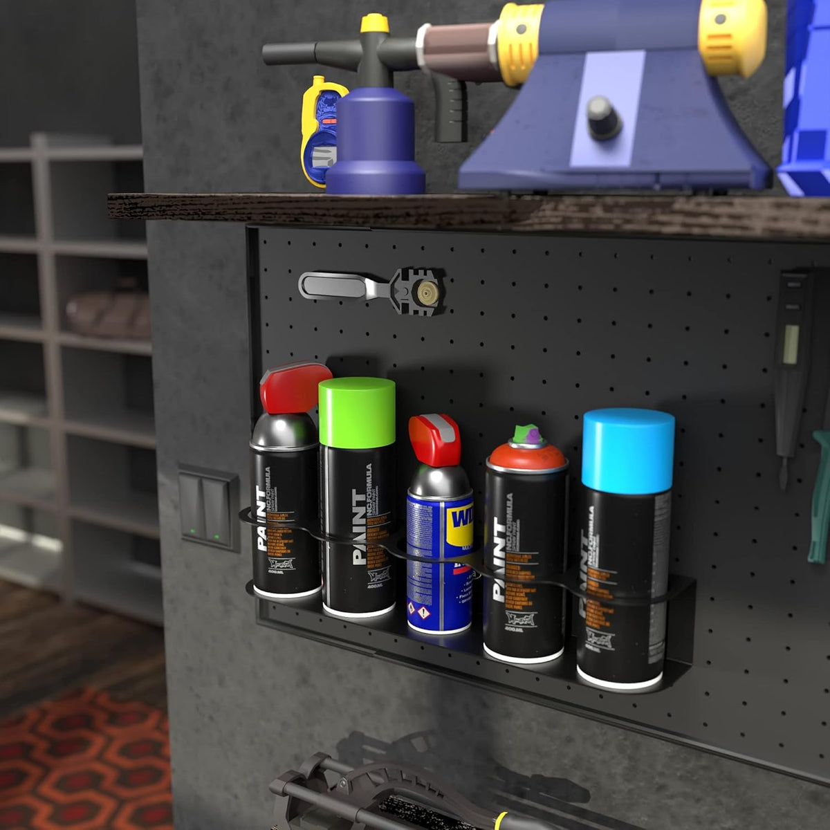 Koova 5 All-Purpose Spray Bottle Holder | Easy Install Wall Mount Hardware Included | Heavy-Duty Powder Coated Steel Storage Rack for Garage And Home | Craft Workspace Paint Bottle Organizer USA Made