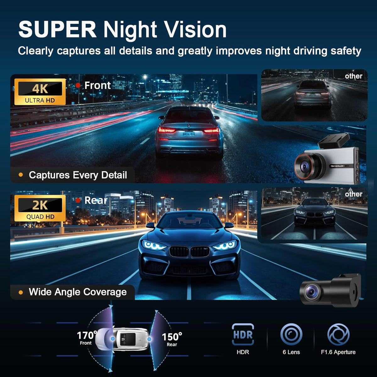 Dash Cam, 4K Dash Cam Front and Rear with ADAS, 170°/150° Wide View, Starlight Night Vision, GPS, WDR, G-Sensor, App Support, 24H Parking Mode, 64GB Card Included