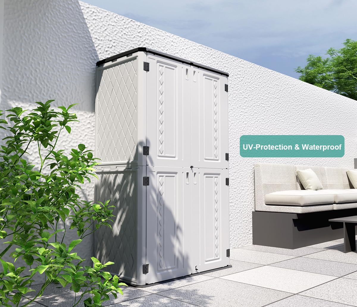 Outdoor Storage Shed,KINYING Outdoor Storage Cabinet Waterproof with Double Doors,52 Cu.ft Resin Vertical Tool Shed for Garden,Patio,Backyard,4×2.5×6.6 FT