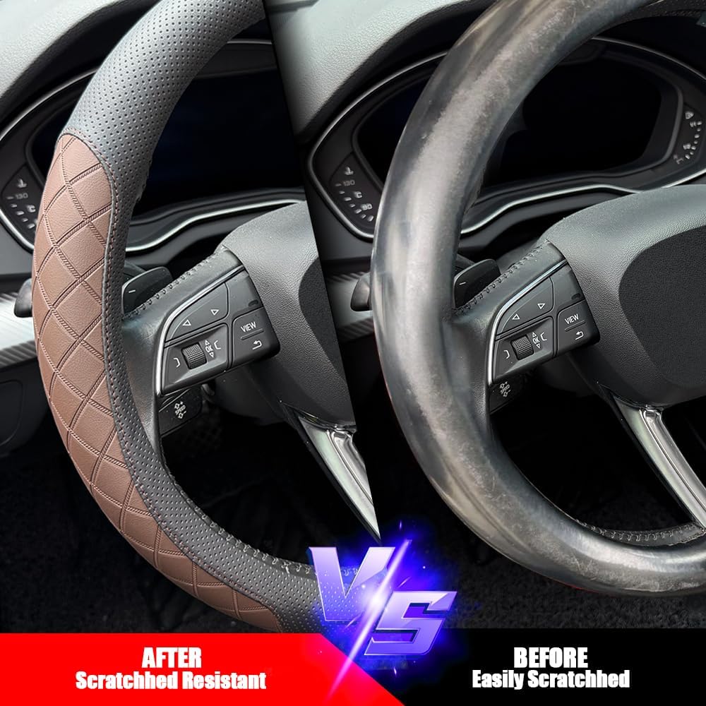 LKWLIKEI Nappa Leather Steering Wheel Cover,Elegant Diamond Checkered Design, Non-Slip wear-Resistant, Enhance Driving Comfort, Suitable for Steering Wheel Diameter 14 1/2‘-15’ Models.Black Brown
