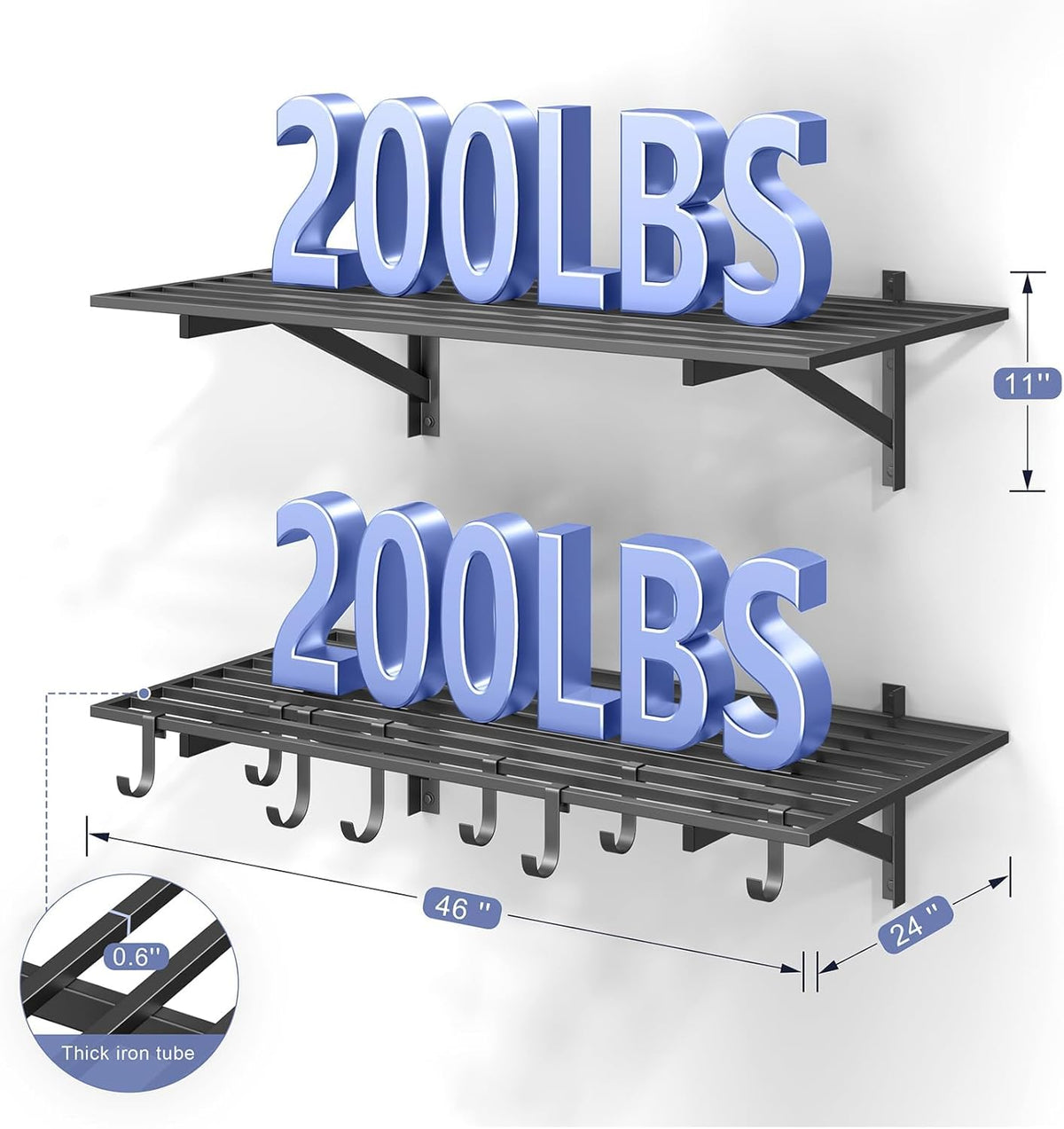 2-Pack 2x4ft Garage Shelving Wall Mounted, 2' x 4' Heavy Duty Garage Storage Shelves with Hooks, 400LB Capacity
