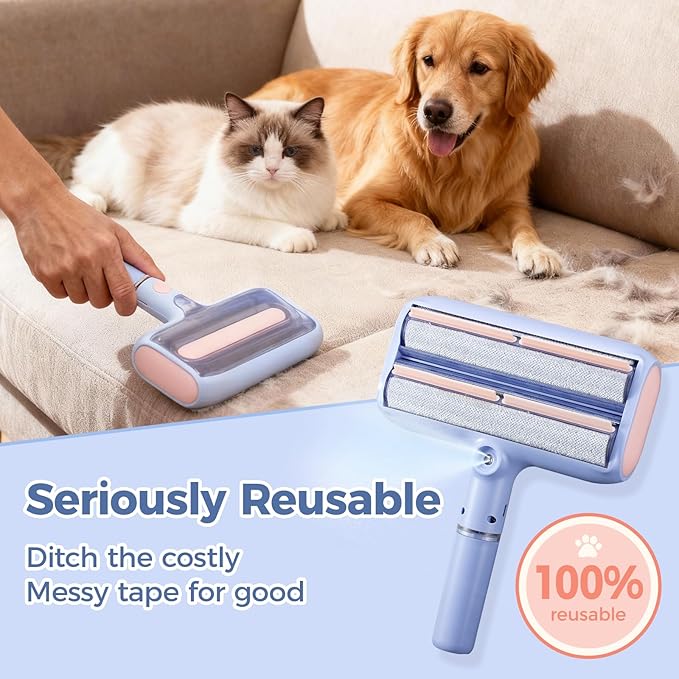Pet Hair Remover, Pet Hair Removal Tool, Reusable Lint Roller with Double Roller,Cat and Dog Hair Remover for Furniture, Couch, Carpet, Car, Dual Trapping compartments with Spray Function