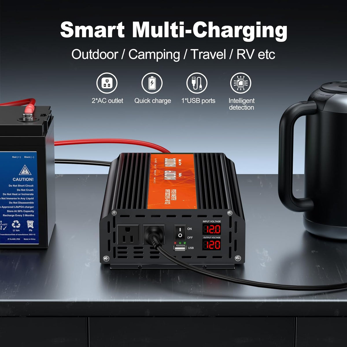 3000W Power Inverter,Peak Power 6000W 12V DC to AC 110V120V,Remote Control with 2AC Outlets and 2.4USB Port,LCD Display for Power Converter,Outdoor Activities,Emergency,Vehicles Truck RV Solar System