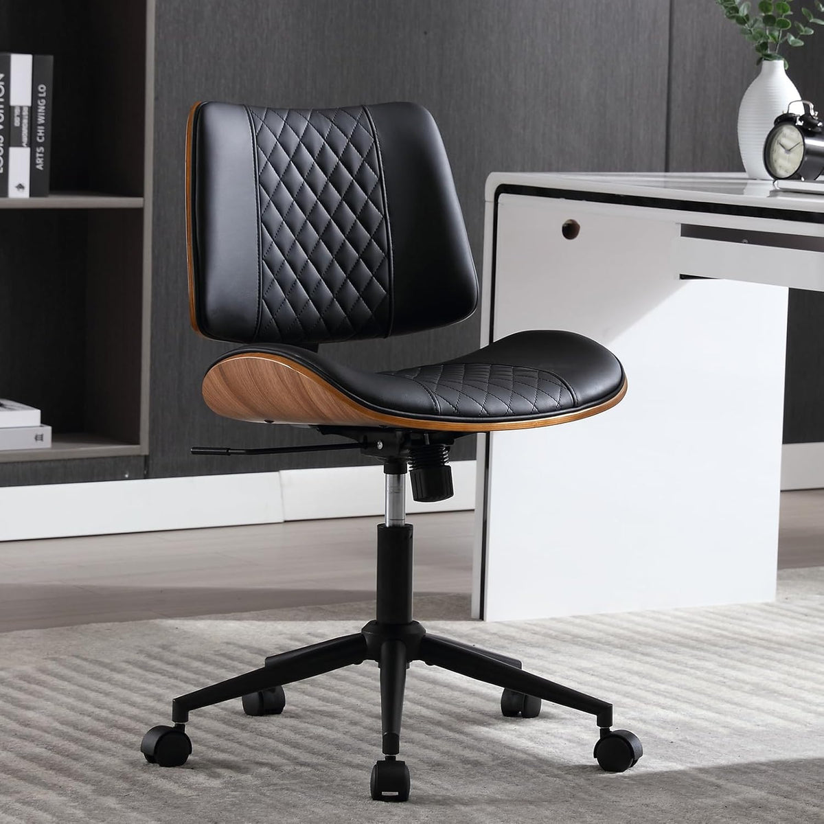 Home Office Chair No Arms with Wheels, Adjustable Height Small Desk Chair, PU Leather Mid Back 360 Swivel Computer Chair, Armless Modern Walnut Chair for Office, Reading Meeting Room(Black)