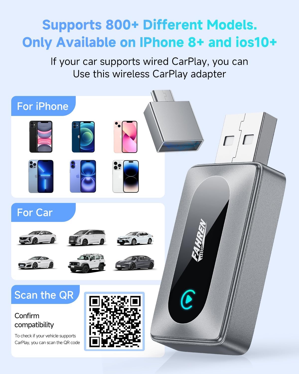 FAHREN 2025 Upgraded Wireless CarPlay Adapter for iPhone,Bluetooth & WiFi Connection,Compatible with iOS 10+ & car from 2016+,No Lag,Includes Type-C Adapter & Extension Cable USB A.