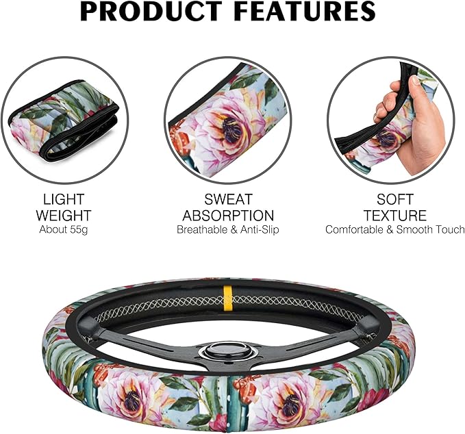 Watercolor Cactus Car Steering Wheel Cover, Flowers Roses Non-Slip Absorbing Sweat Car Wheel Cover Accessories for Men Women,Universal 15" Fit Auto SUV Vans Trucks
