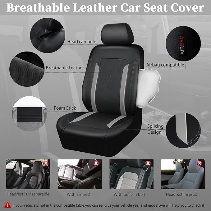 CAR PASS Universal Leather Car Seat Covers Full Set, Waterproof Durable PU, Airbag SRS, 2zipper in Rear, Faux Leather Seat Covers 5 Seats Fit for SUV Pick-up Truck Vehicle Black with Grey