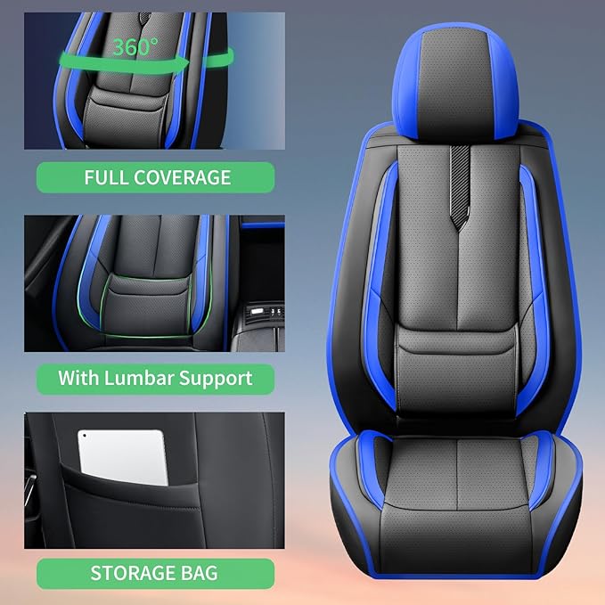 Fit Elantra Car Seat Covers for Hyundai Elantra 2017-2024 2025 2026 -Upgraded Premium Waterproof & Breathable Leather,Airbag Compatible,All-Weather Seat Cushion Protector,Full Set,Black-Blue