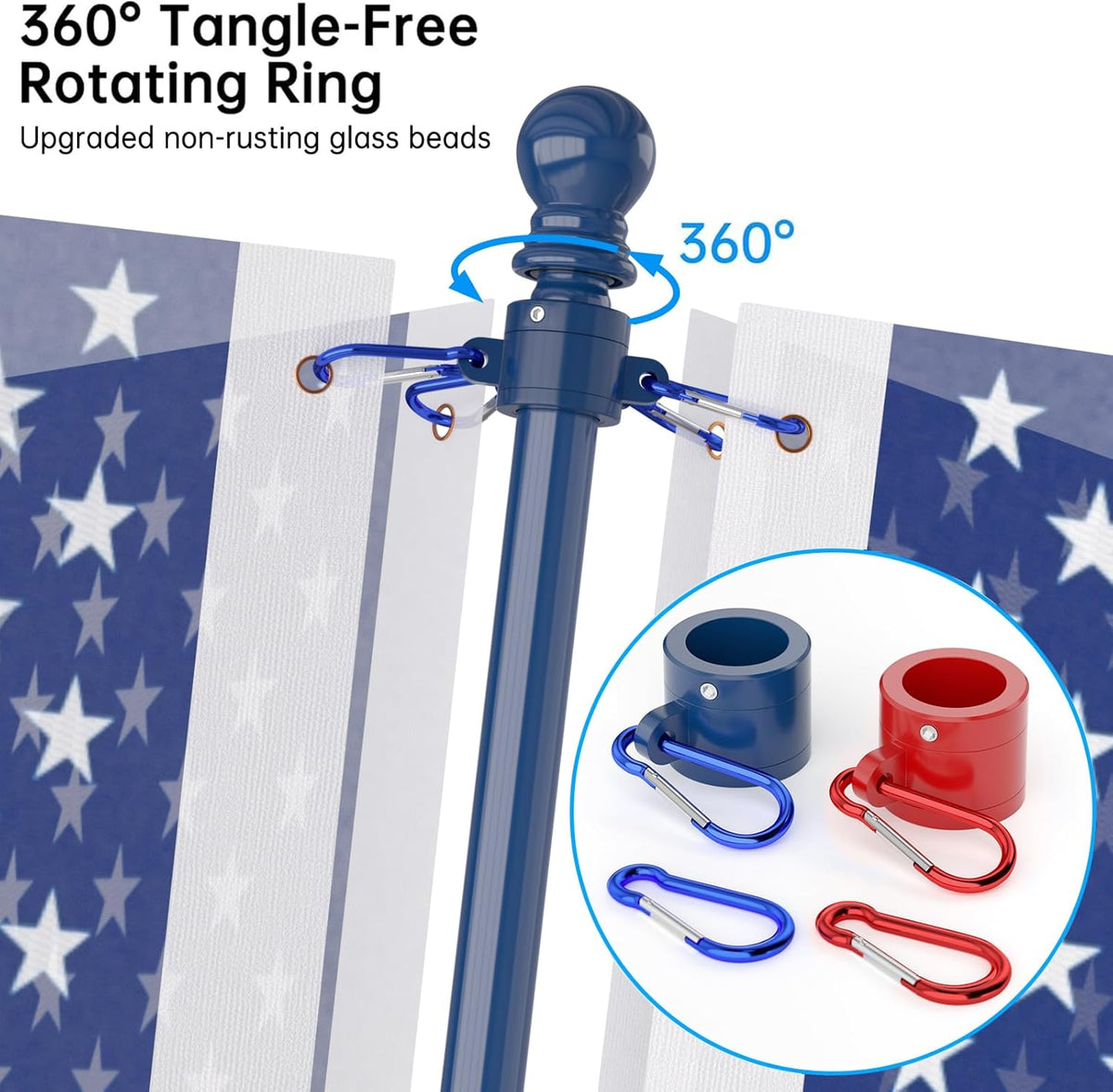 ZMTECH Flag Pole - Upgraded Bracket, 6 FT Stainless Steel Flag Poles for Outside House, Residential or Commerical, Tangle Free Flag Pole Kit for American Flag (Without Flag, Blue&White&Red)