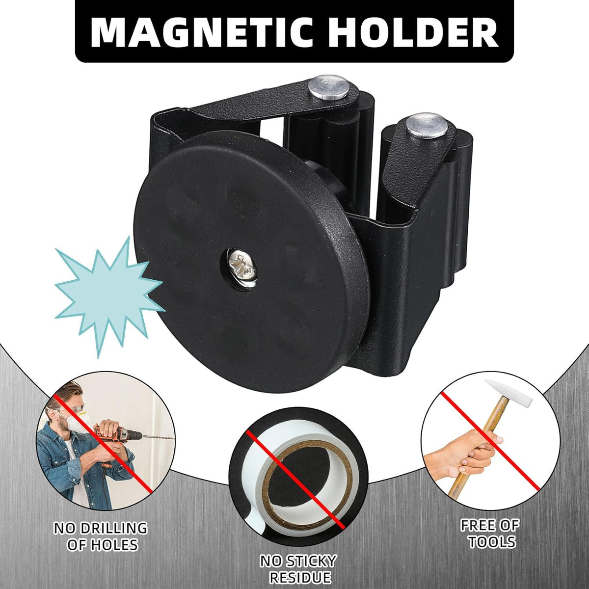 4 Pcs Magnetic Mop Broom Holder Movable Magnetic Broom Holder Rack, Anti Slip Wall Mounted Utility for Cleaning Tools, Garage, Kitchen, Laundry, Garden (Black)