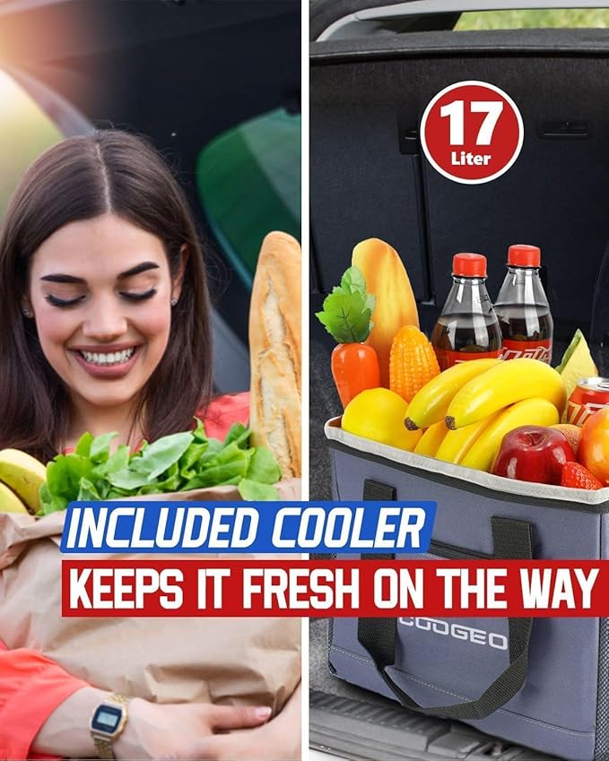 Car Trunk Organizer with Portable Leak Proof Cooler Bag, 3 Compartments Collapsible Car Organizers and Storage with Foldable Cover, Christmas Gifts, Suitable for SUV, Auto, Truck, Minivan