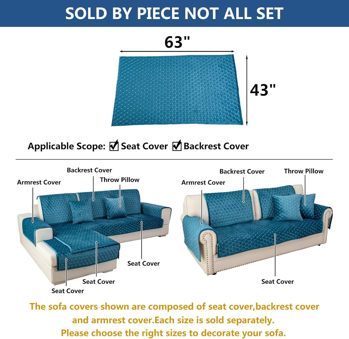 Eismodra Couch Cover,Sectional Couch Covers,Sofa Covers for 3 Cushion Couch,Anti-Slip Sofa Slipcovers for Dogs Cats Kids Loveseat Recliner L Shaped Armrest Backrest,Blue 43''x63''(Only 1 Piece)