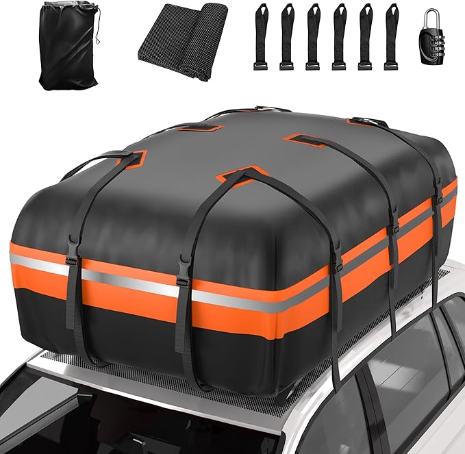 Rooftop Cargo Carrier - Car Roof Bag, 1000D PVC Soft-Shell Waterproof for Cars with/Without Racks, Includes Anti-Slip Mat, Storage Bag, Luggage Lock, 6 Extra Straps, 21 Cubic Feet