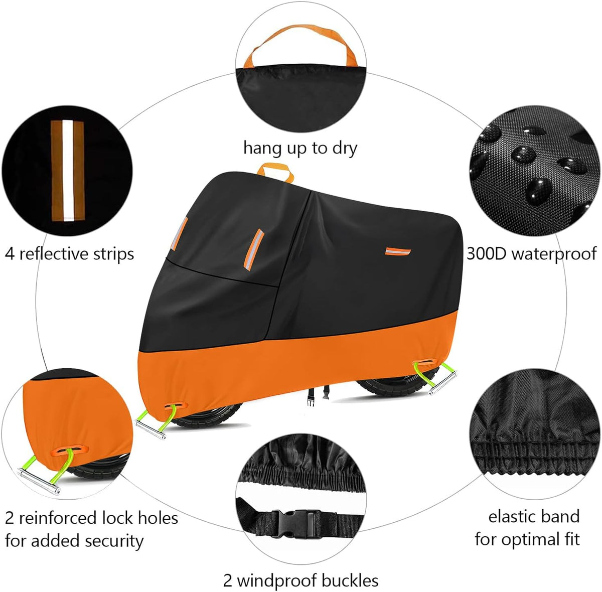 Powersports Vehicle Covers Black & Orange Waterproof Motorcycle Cover with Lock Holes 300D Oxford Heavy Duty Vespa impermeable para Moto Scooter Cover 150cc Waterproof (XL: 82" x 37" x 50")