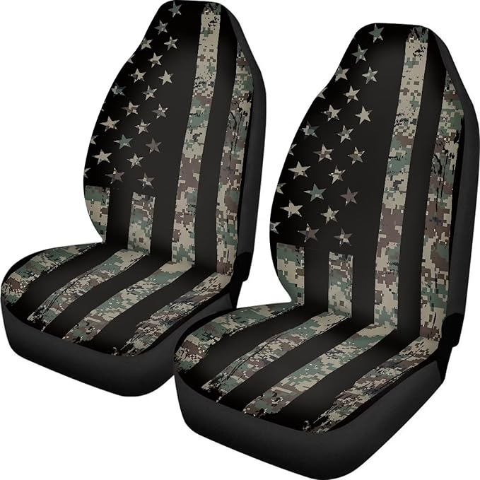 ELEQIN Camo American Flag Seat Covers, Car Seat Covers Front Seats, Car Seat Cushion, Front Car Seat Covers Canvas Car Seat Protector Universal Fit Most Cars