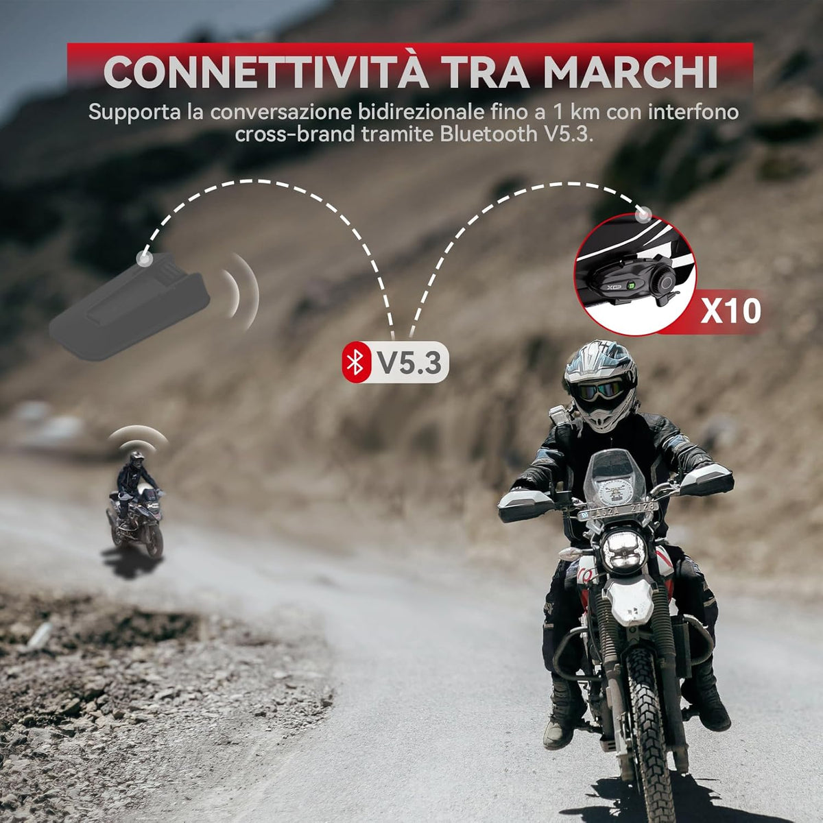 X10 10 Riders Group Mesh Motorcycle Intercom, 3000m Motorcycle Bluetooth Headset V5.3 with Audio Multitasking/Music Sharing, Helmet Communication Systems for ATV/Snowmobile/Ski,1 Pack