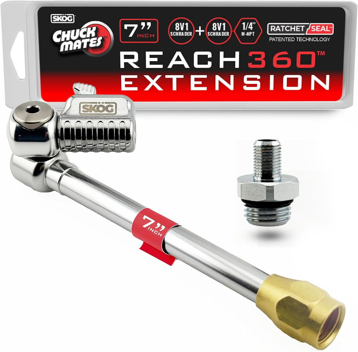 Chuck Mates™ Reach360™ Platinum Series Articulating Rigid 7" Extension with Adapter for Tire Inflators | Dually Trucks RV Bicycle Car Semi