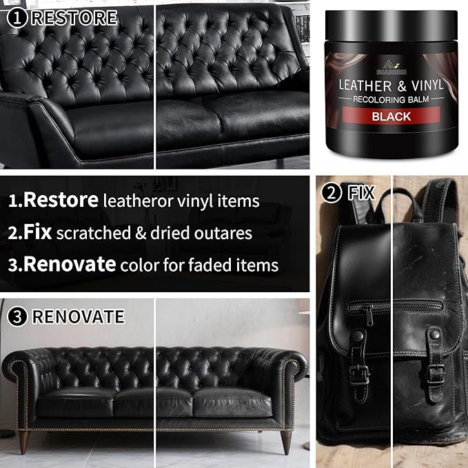 Leather Recoloring Balm and Leather Repair Kit for Furniture, Black Leather Restorer for Couches, Furniture, Car Seats, Leather Paint & Stain for Sofa, Chairs, Bags, and More